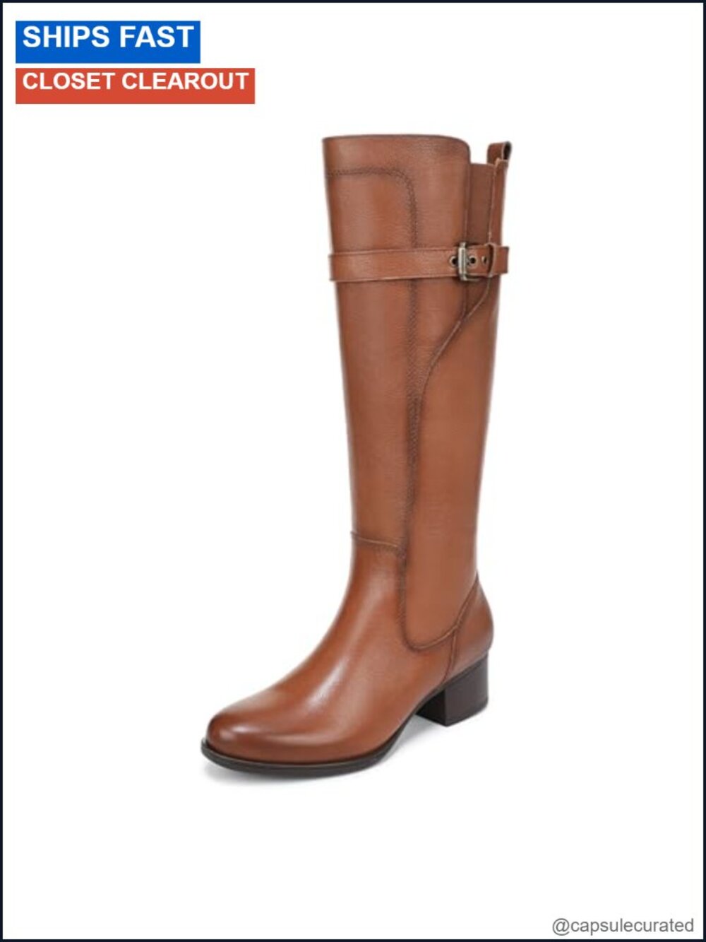 Wide Calf Knee High Boots Leather Block Heel Western Stitching